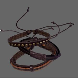 3 Pcs Punk Multilayer Leather Bracelet  Men Women Unisex Brown Studded Cuff NWOT
